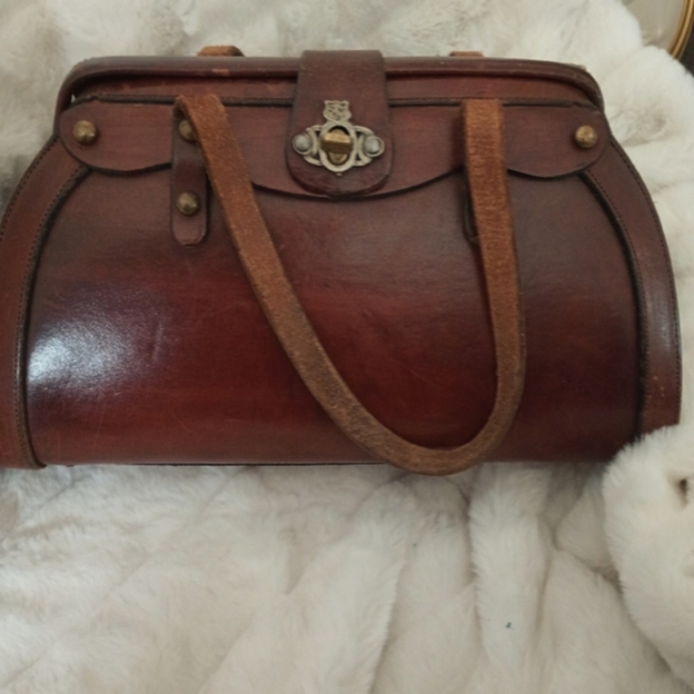 Vintage Couture 1960's John Romain Brown Leather Handbag Small Doctors Bag